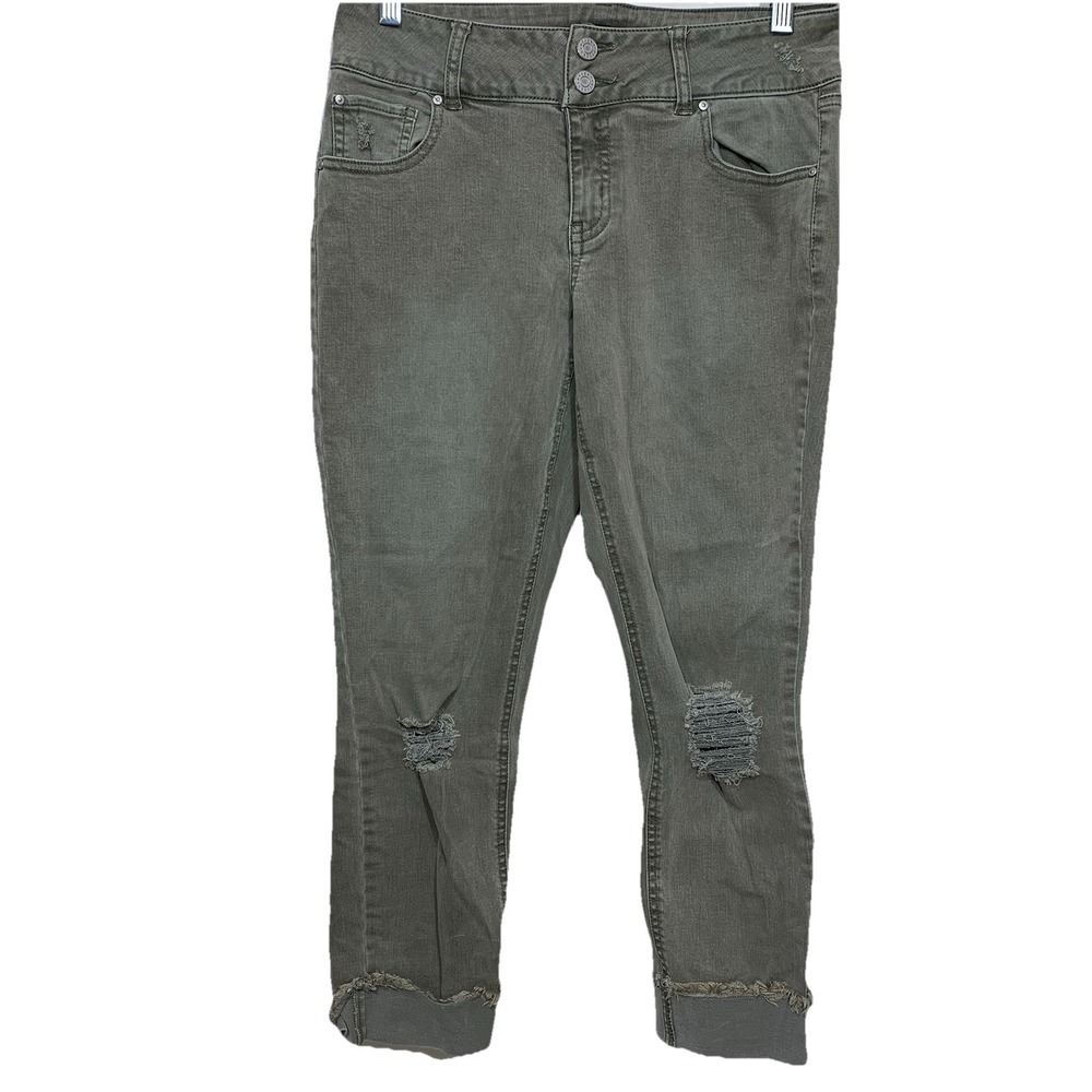 Refuge Skinny Jeans Womens 4 Olive Green Distressed Ripped Cropped Frayed Hem